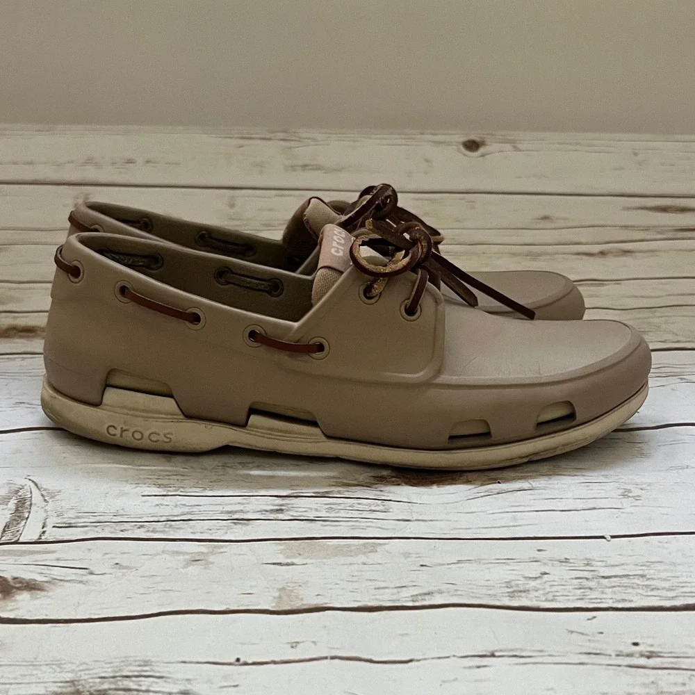 Crocs Beach Line Boat Shoe Khaki Espresso Leather Lace Water Friendly Mens 11
